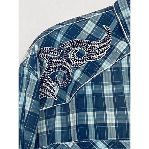Austin Season Men's Embroidered Blue Plaid Long Sleeve Button Up Western Shirt L - Picture 2 of 14